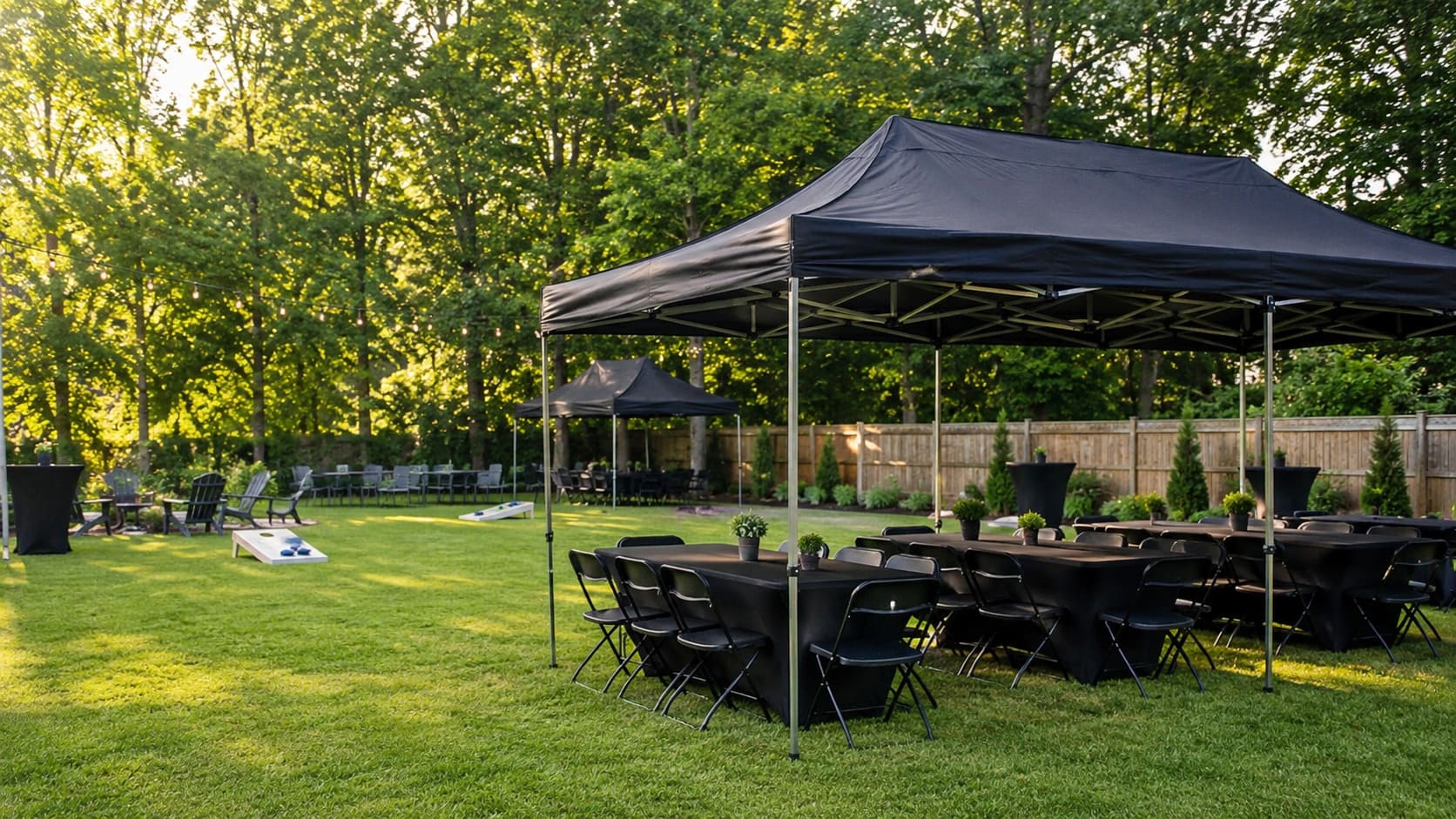 Backyard party setup with black canopy, tables, chairs, and linens from EcoGear Party Rentals in Wake County